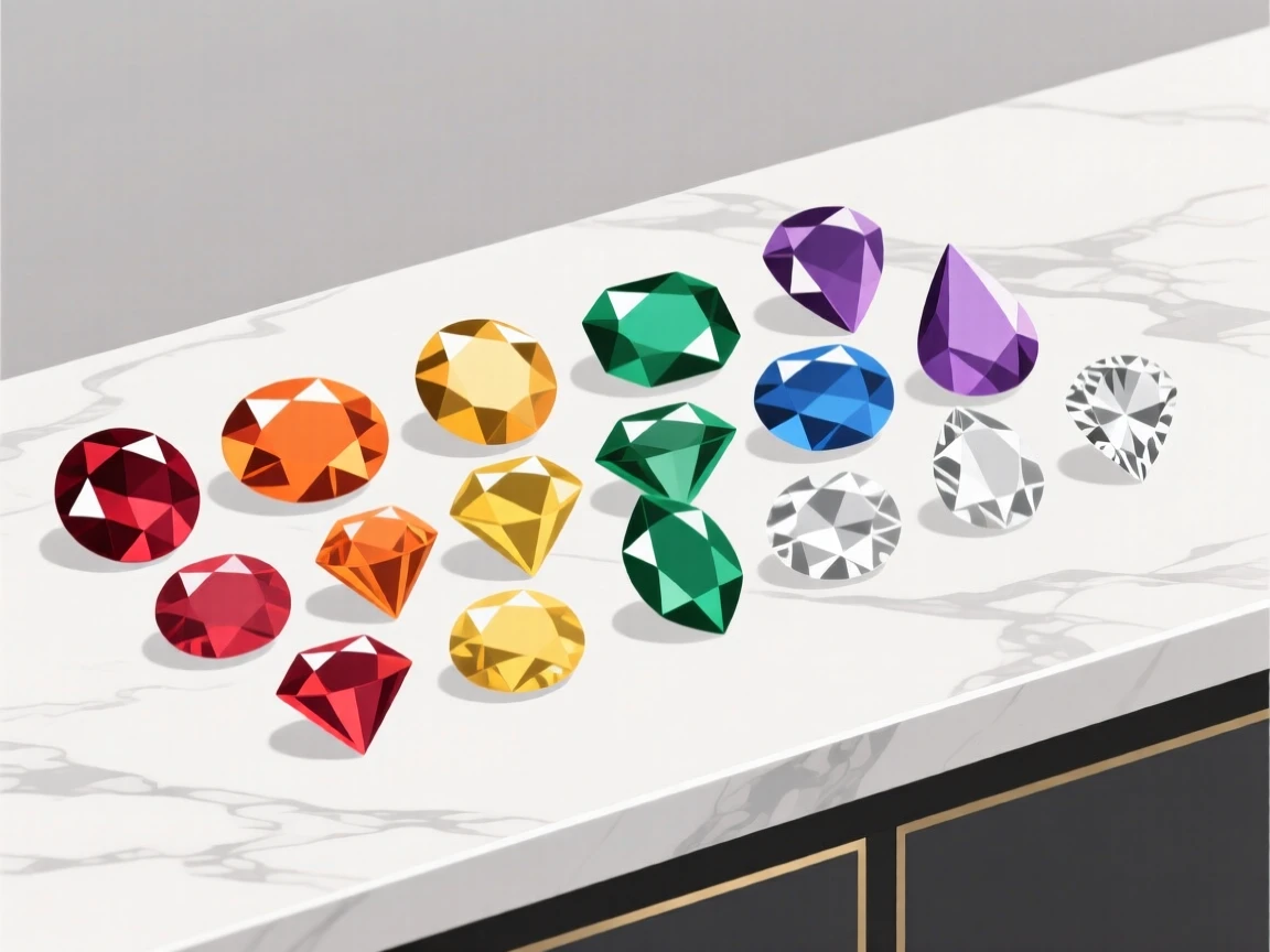 A collection of polished gemstones arranged by color, placed on a smooth marble countertop, composed with gentle negative space around the object, with a clean, elegant simplicity.