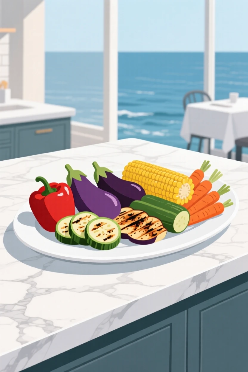A platter of grilled vegetables beautifully displayed on a marble countertop at a seaside restaurant.