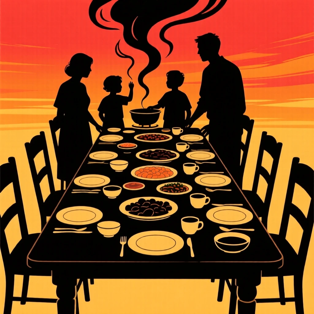 A long table set for a large family gathering, steam rising from the dishes.