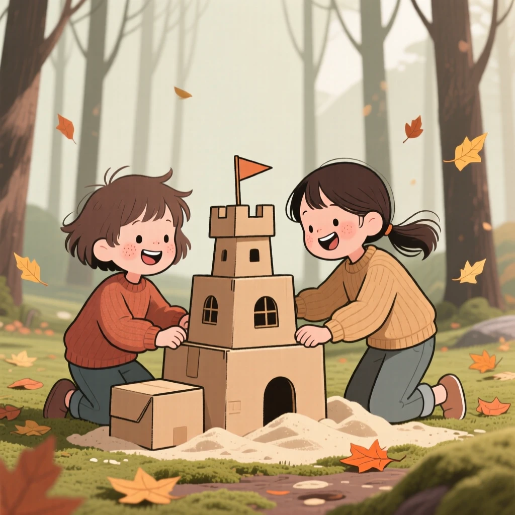 A pair of children build a sandcastle out of cardboard boxes in the quiet forest clearing, laughing as the wind sends leaves scattering everywhere.