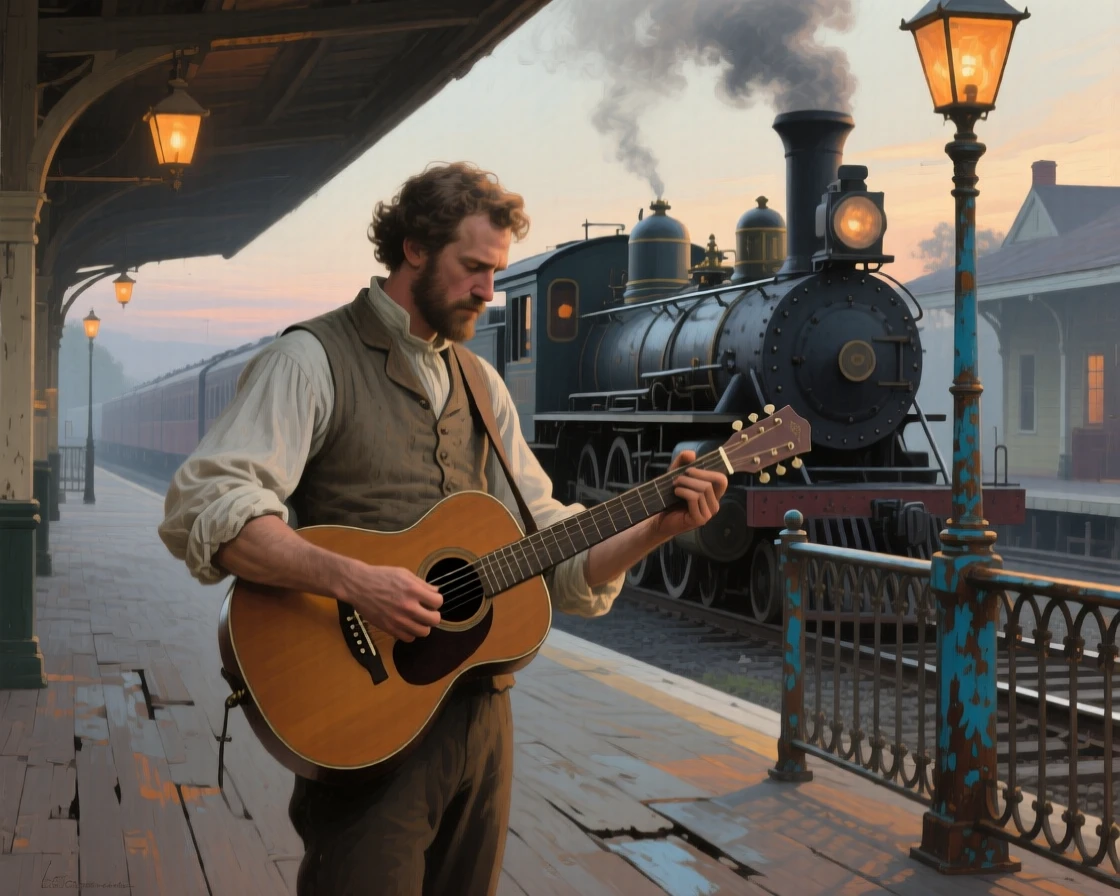 A medium shot of a traveling musician tuning his guitar on a train platform, in the pale light of early evening, during the colonial era.