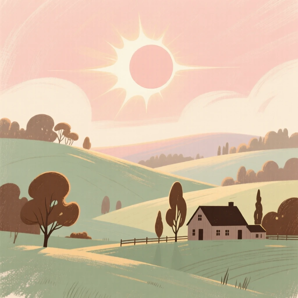 A vintage illustration of a solar eclipse over a quiet countryside