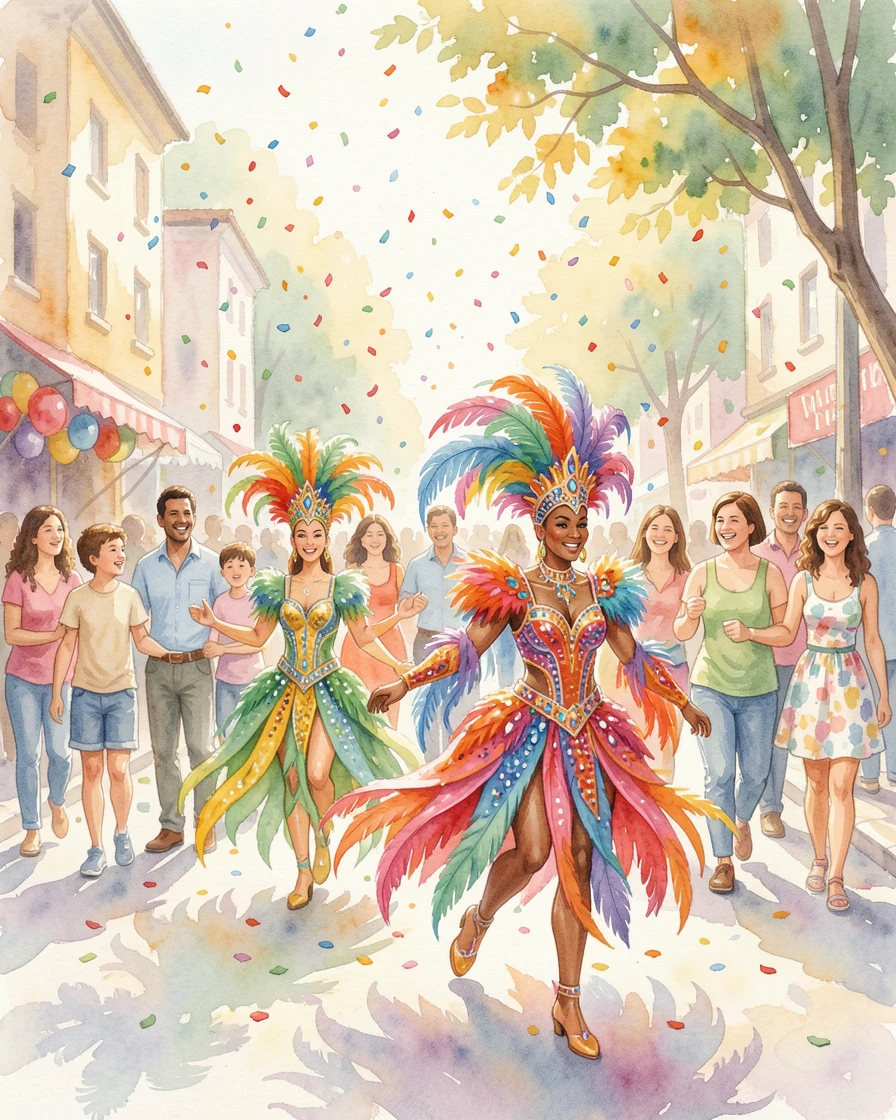 A Carnival street parade with vibrant costumes and confetti surrounded by joyful family and friends.