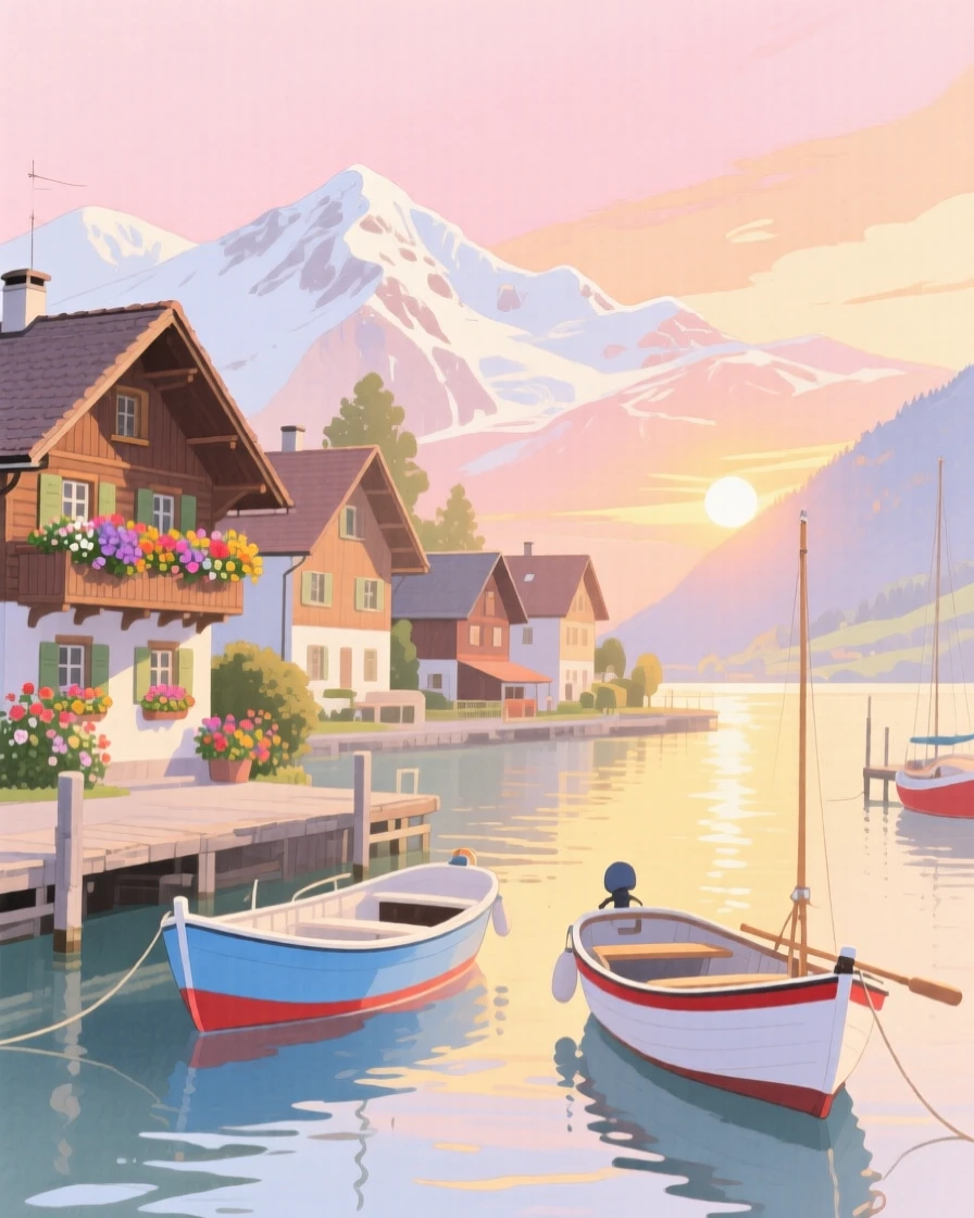 A picturesque view of a Swiss alpine village with fishing boats bobbing in the harbor, under a soft sunrise