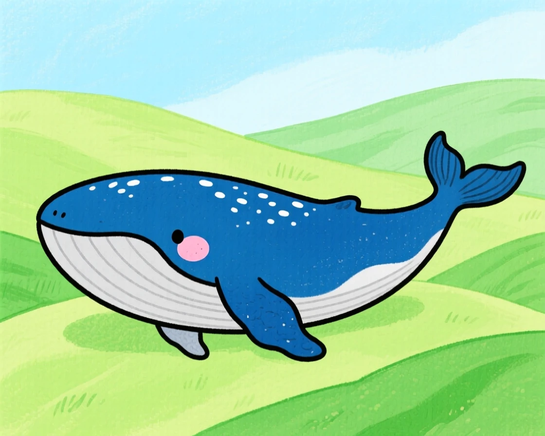 A close-up portrait of a majestic humpback whale in a rolling green hillside.