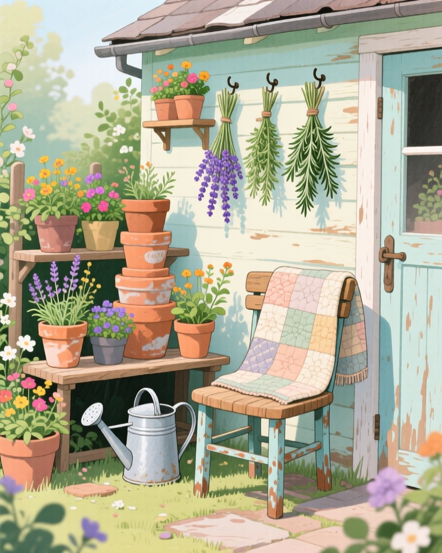 A garden shed with terracotta pots, watering cans, and hanging bundles of herbs, with a worn quilt draped over the nearest chair, inspiring a nostalgic sense of home.