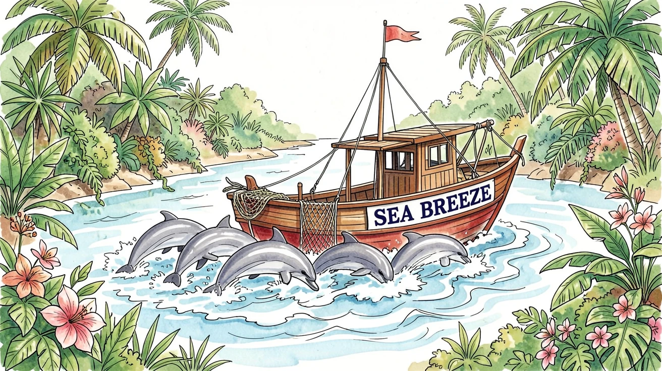A group of dolphins playing in the wake of a fishing boat, the scene framed by lush greenery on every side.