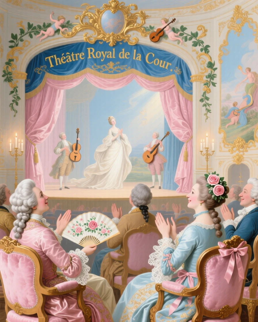 A royal theater audience applauding as curtains fall on a dramatic scene  