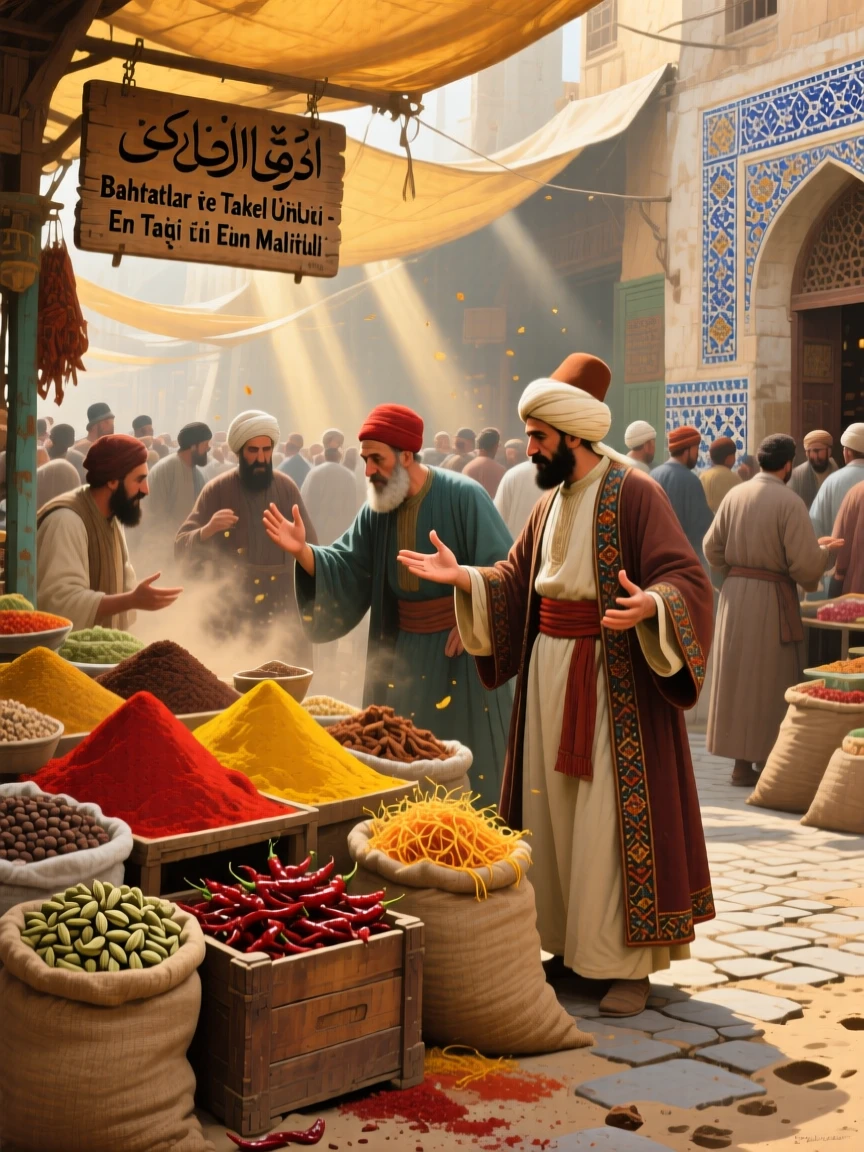 Ottoman traders bargaining in a vibrant, spice-filled bazaar, with dust and motion conveying the energy of the historical moment, offering a vivid window into a fascinating moment of human history
