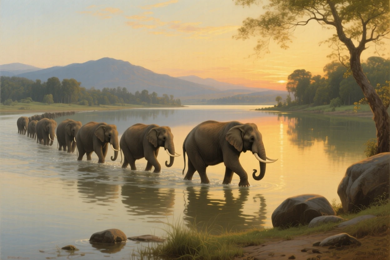 A herd of elephants crossing a wide river at golden hour as instinct and elegance move in perfect harmony, set beside a still lake reflecting a painterly sky, with distant mountains or forests fading softly into the horizon; strong natural framing from branches or rock formations draws the eye inward, radiating peace, freedom, and untamed beauty.