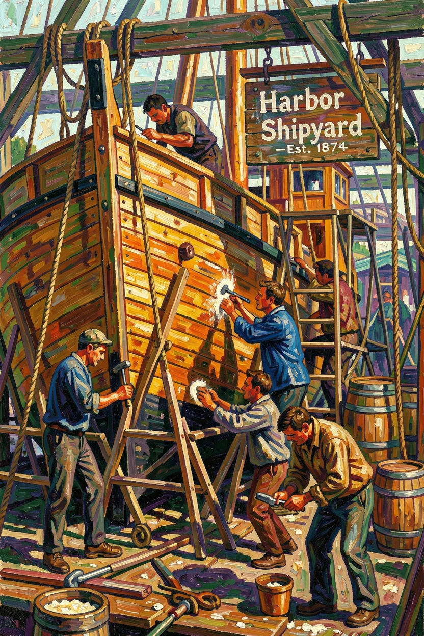 A busy shipyard with workers repairing the hull of a large wooden boat.