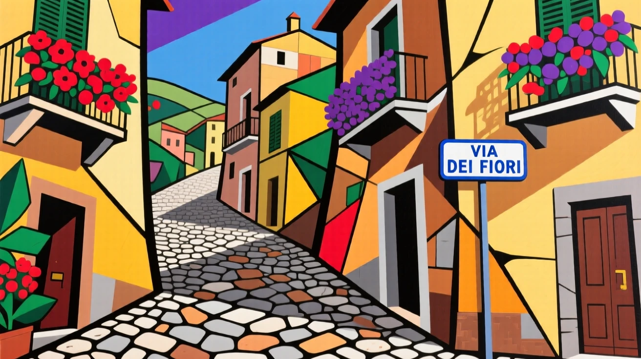 A cobblestone street in a Tuscan hill town lined with flower-draped balconies.
