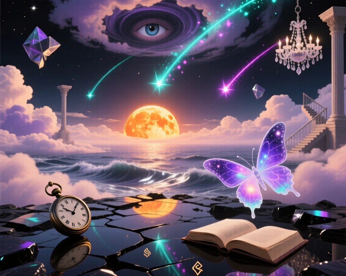 A sun setting into an ocean made entirely of soft clouds casts a soft glow across a still and quiet landscape, as shooting stars trace slow arcs across the darkness.