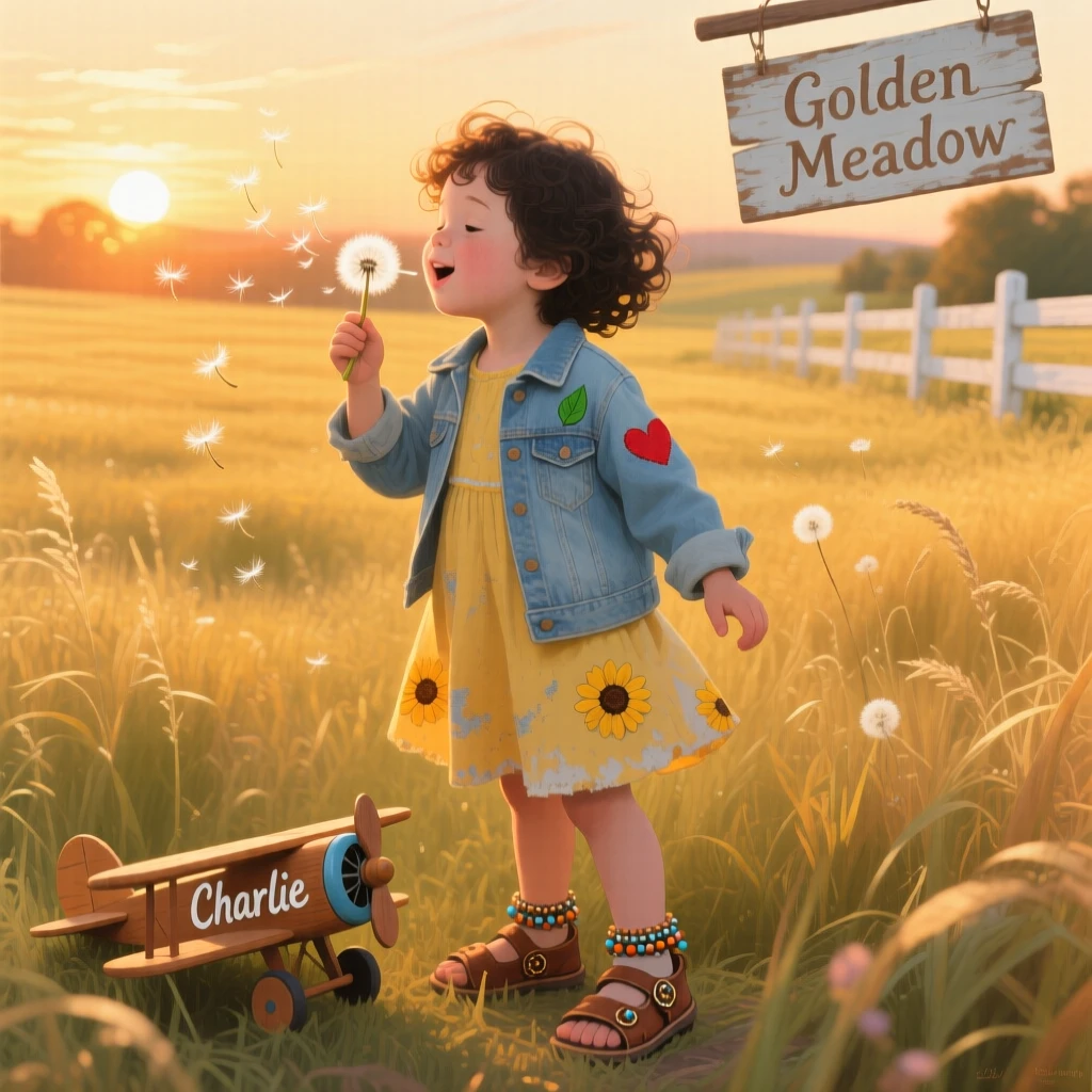 A joyful child blows dandelion seeds into the wind on a golden summer evening, tiny white wisps drifting across a field bathed in warm light, small personal details in their clothing and surroundings hinting at their story.