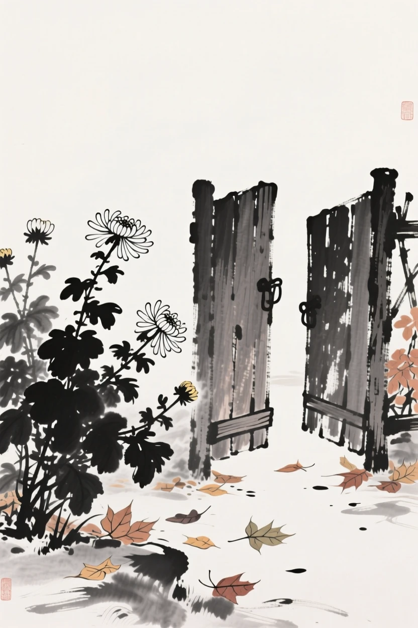Chrysanthemums bloom late into the season beside a quiet garden gate, as autumn leaves scatter across the ground nearby.