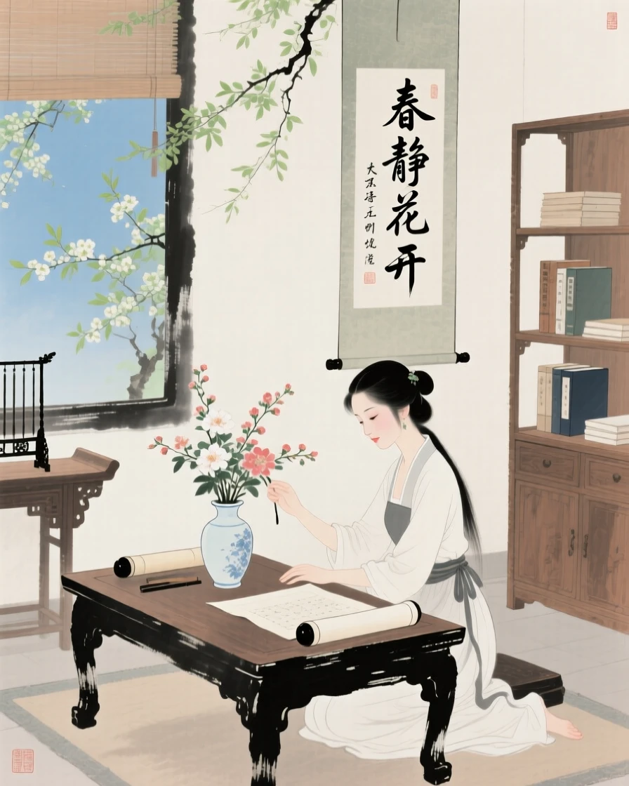 A woman arranging flowers in a quiet study, in early spring.