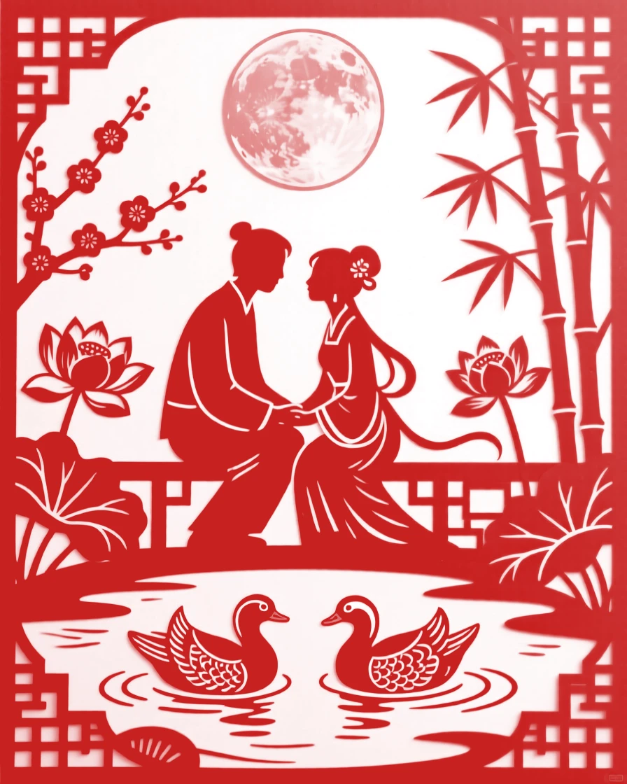 Two lovers sharing a quiet moment in a moonlit garden, a pair of mandarin ducks swimming nearby in quiet witness.