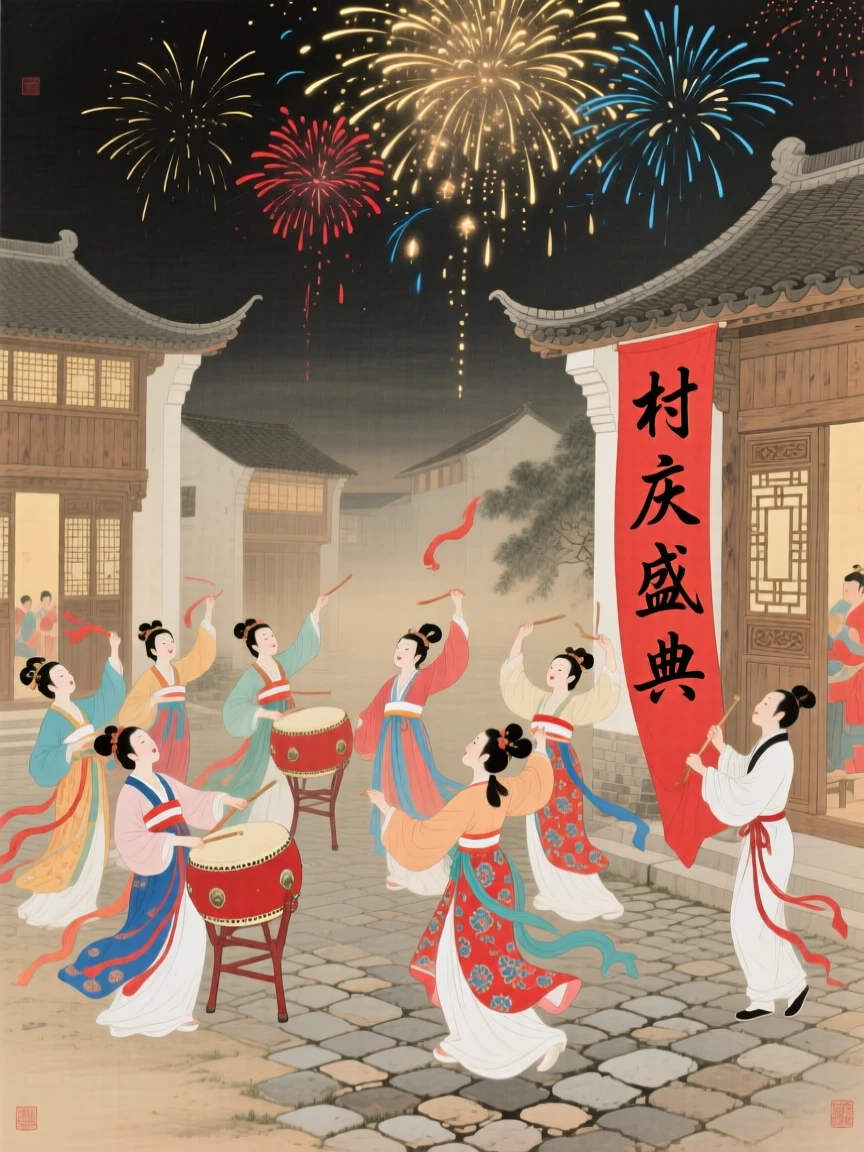 A village celebration with drummers and dancers in colorful silk, under a sky filled with drifting fireworks