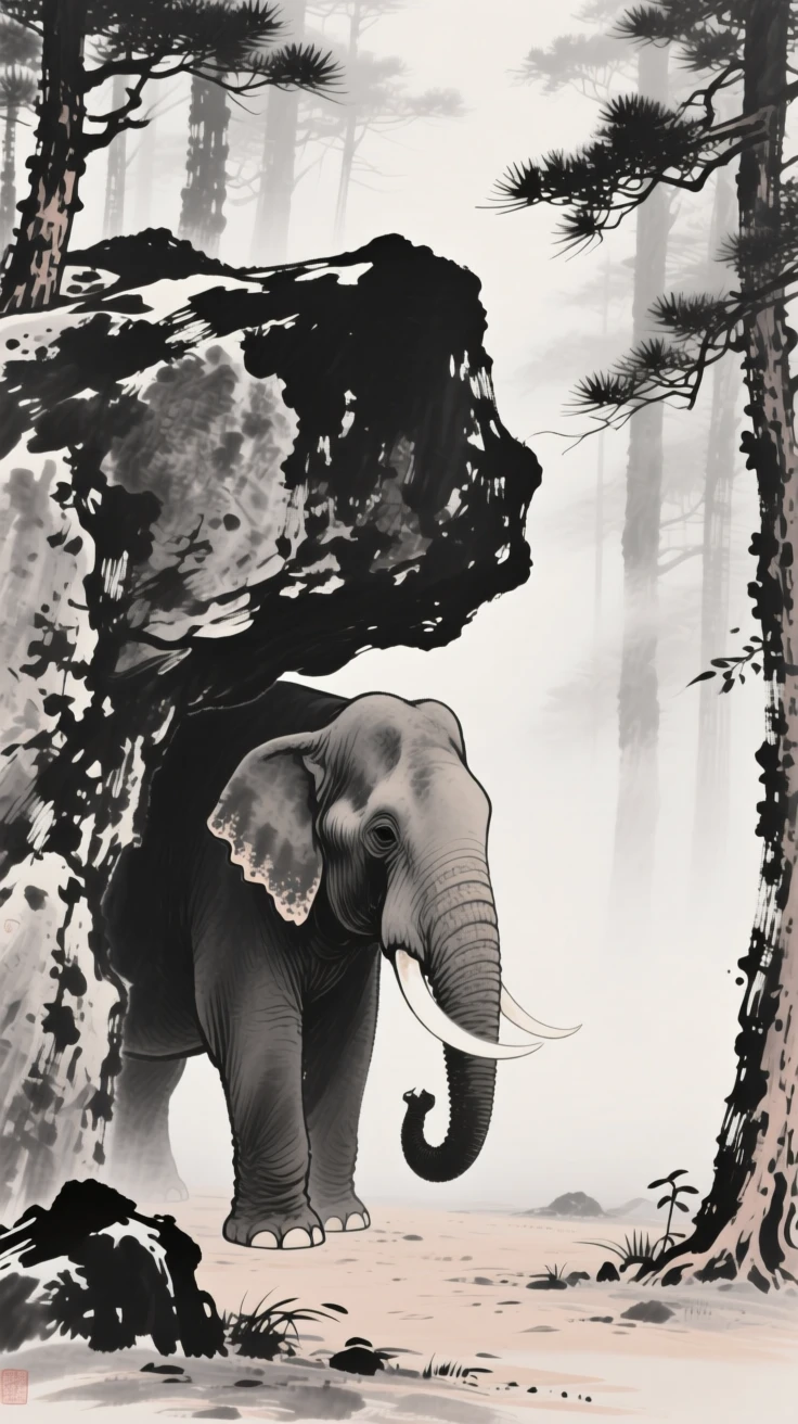 An elephant sheltering beneath overhanging rock in a misty pine forest, framed low to the ground for an intimate, close perspective, carrying a sense of quiet dignity and wildness.