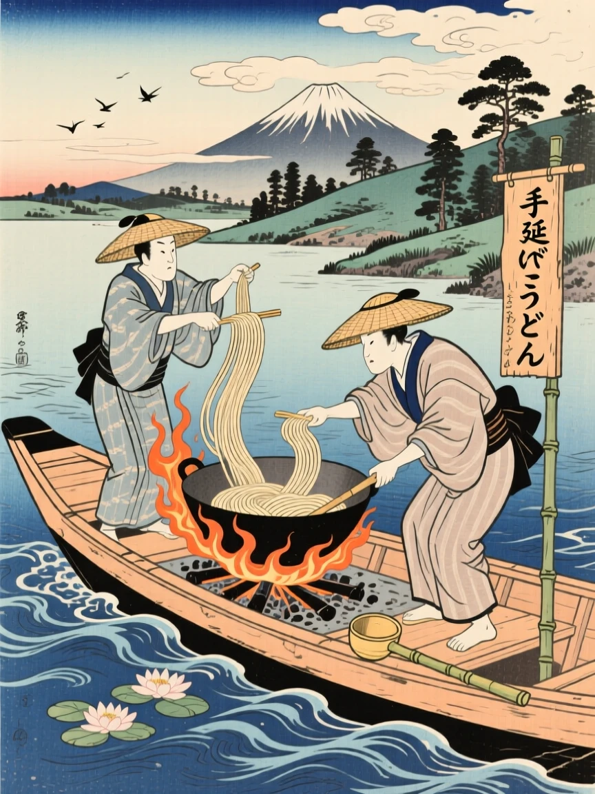 Fishermen flipping noodles in a wok over roaring flames.