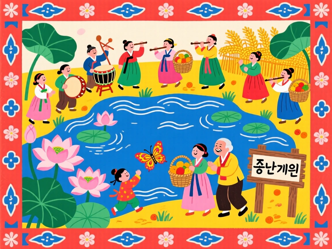 Villagers gathering for a harvest celebration, at the edge of a lotus pond.