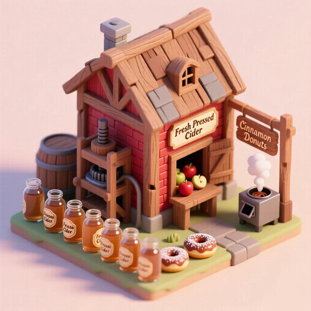 A rustic cider mill with apples being pressed, jugs of fresh cider lined up, and the scent of cinnamon donuts wafting from a fryer.