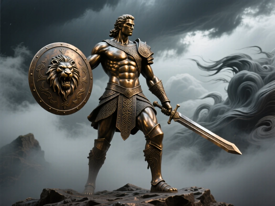 A warrior standing defiant against a rising storm, framed by an atmospheric, misty backdrop, forming a strong central focal point