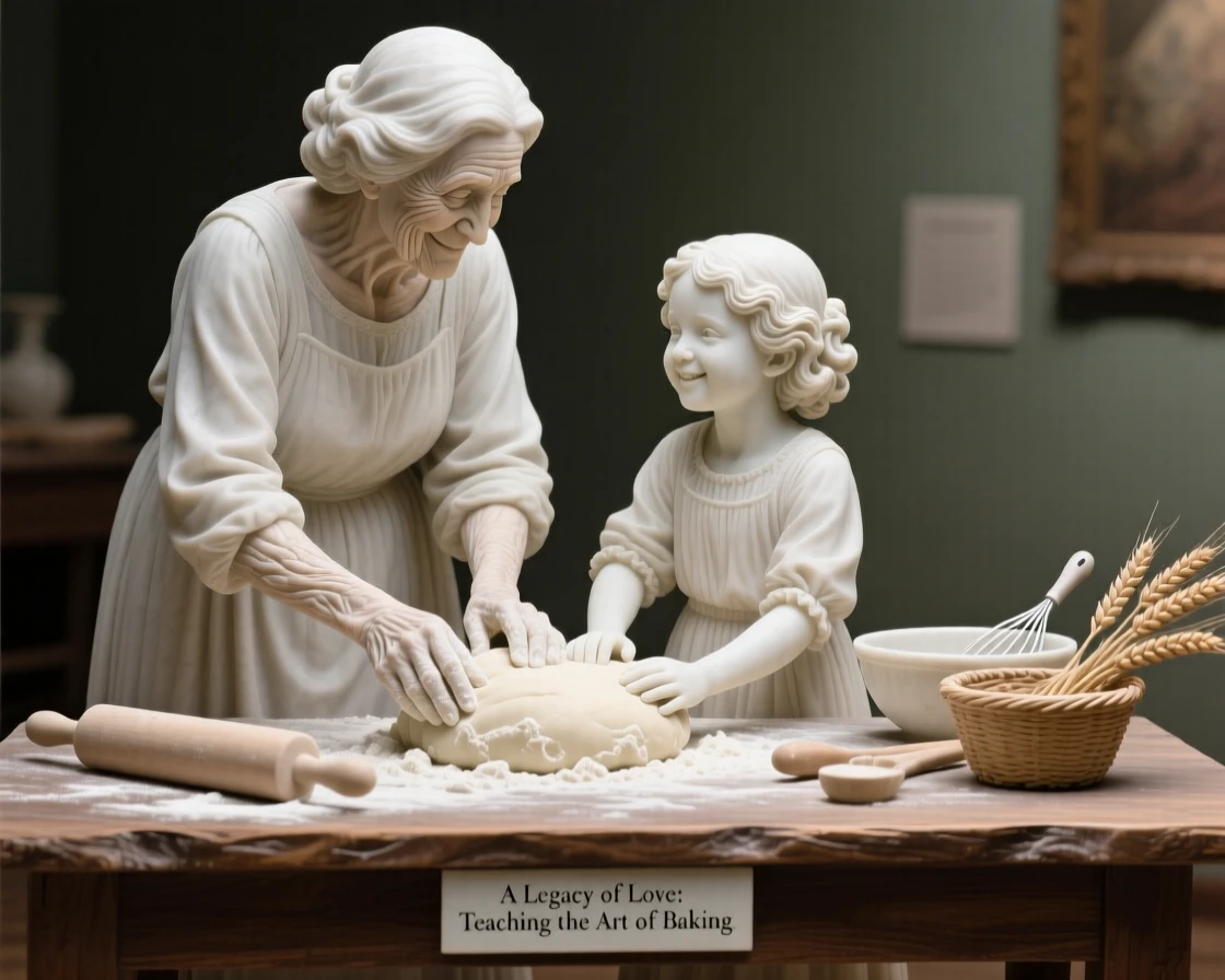 A heartfelt moment showing a grandmother teaching her granddaughter to bake, radiating love and genuine human emotion