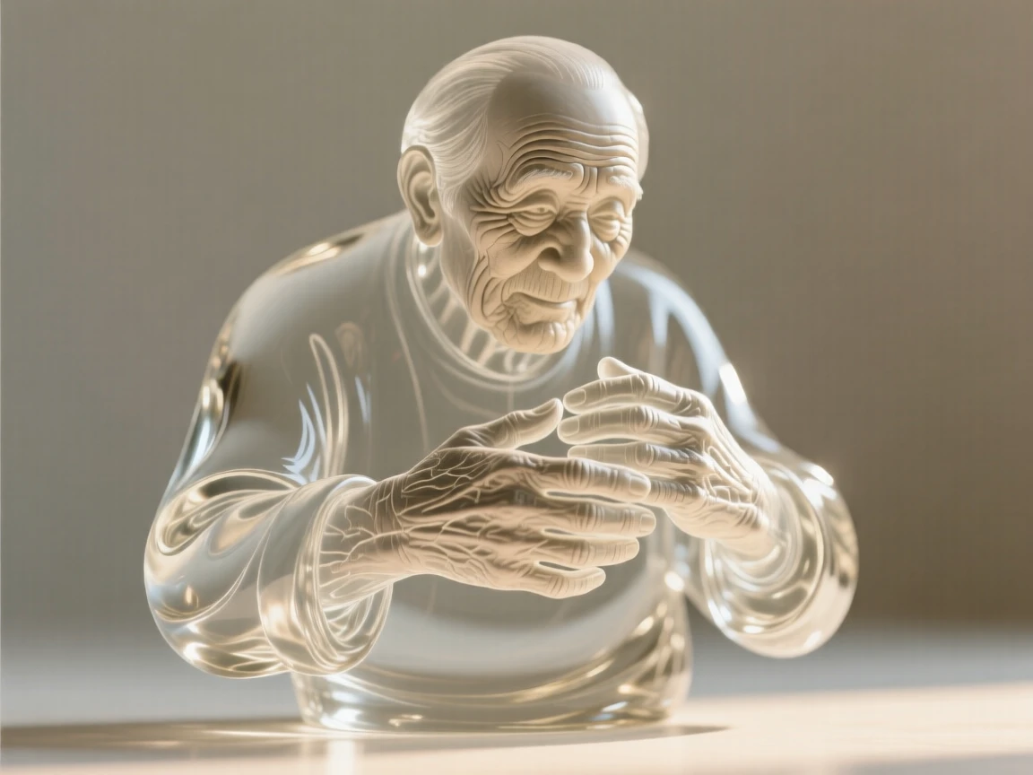 An elderly craftsman with weathered, kind hands, softly lit by warm natural light, shallow depth of field isolating the subject, expression full of genuine emotion.