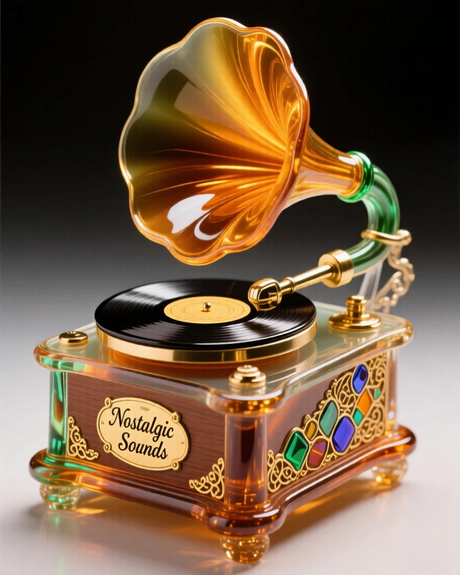 A vintage record player spinning a warm vinyl record, nostalgic and soulful.