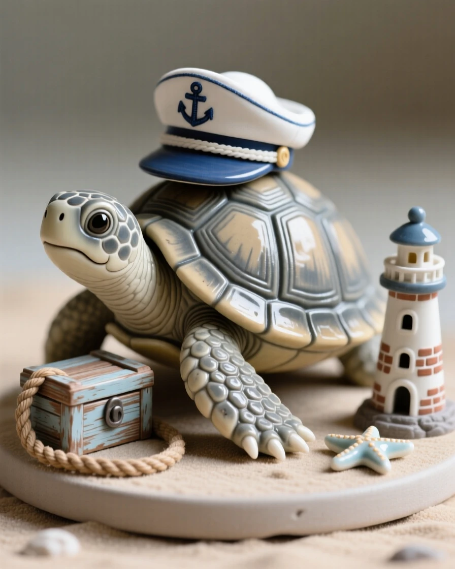 A turtle wearing a tiny sailor's cap gathered together in a heartwarming tableau, surrounded by tiny, carefully placed props, stirring nostalgic delight and warm laughter.