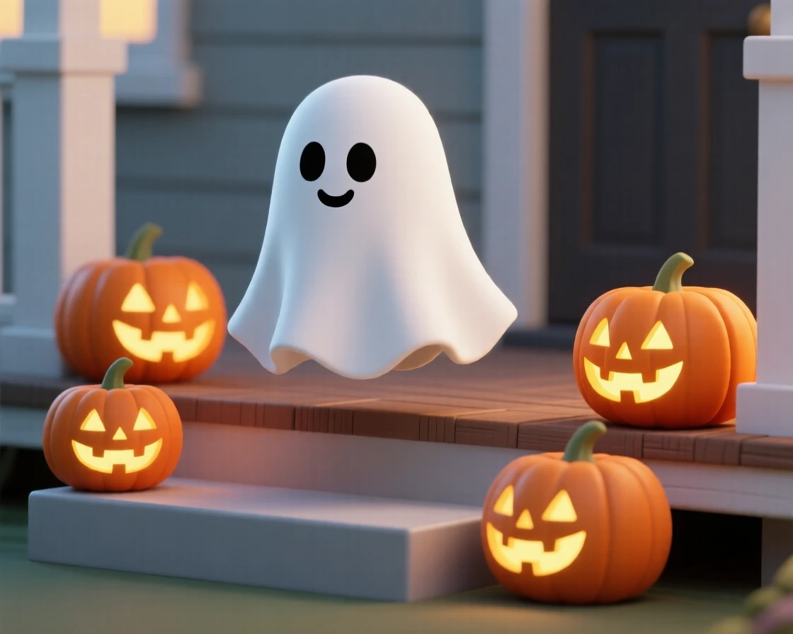 A friendly ghost in a flowing white sheet floats playfully among glowing jack-o-lanterns on a porch step.