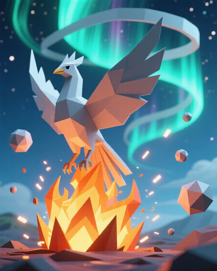 A glowing phoenix rising from a burst of flame, beneath a sky filled with swirling aurora light. swirling particles of light drift through the air. The scene feels magical and full of wonder.