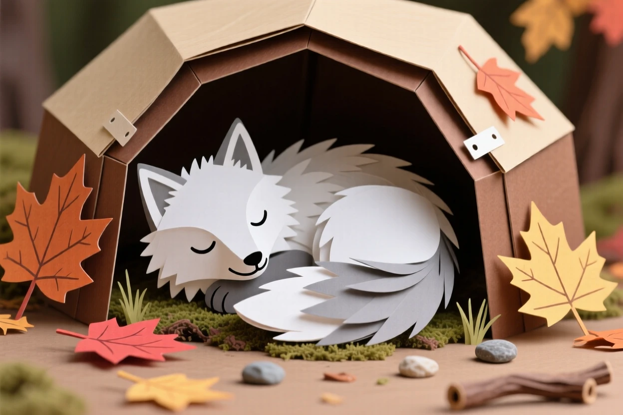 A fluffy arctic fox curled up in a cozy den, with autumn leaves scattered around it, capturing the wonder of the natural world.