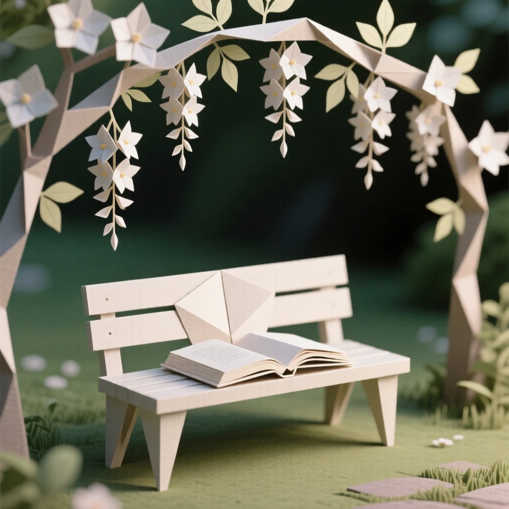 A quiet garden bench beneath a blooming wisteria arbor, a book left open on the seat.
