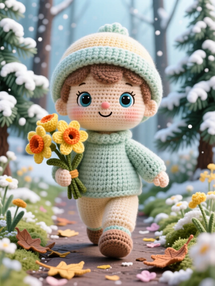 a small child holding a bouquet of daffodils, for the first day of spring, is shown walking through a blooming garden path in a frosty pine forest dusted with fresh snow beside a scattering of fallen leaves or petals, capturing festive excitement and shared celebration.