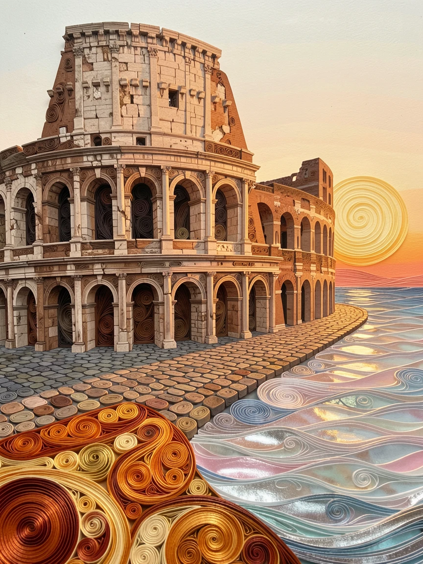 the Colosseum bathed in warm evening light, beside a quiet cobblestone street, captured with warm foreground details leading to the horizon, with soft reflections shimmering on still water.