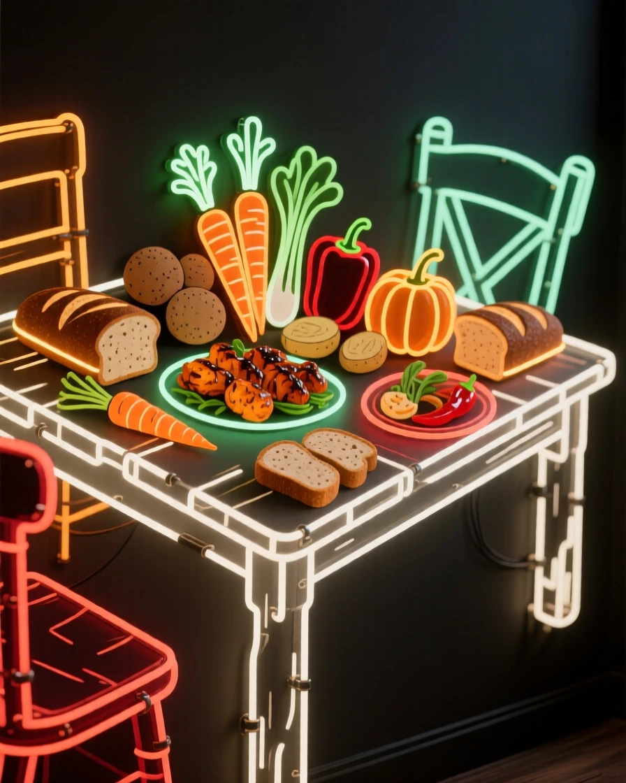 A rustic farmhouse table spread with roasted vegetables and bread.