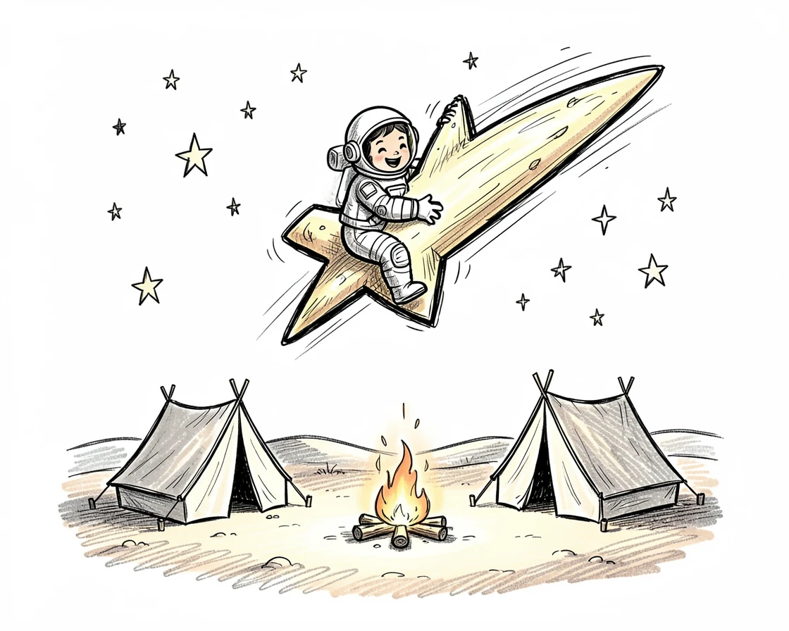 A tiny astronaut riding a shooting star above a desert stargazing camp.