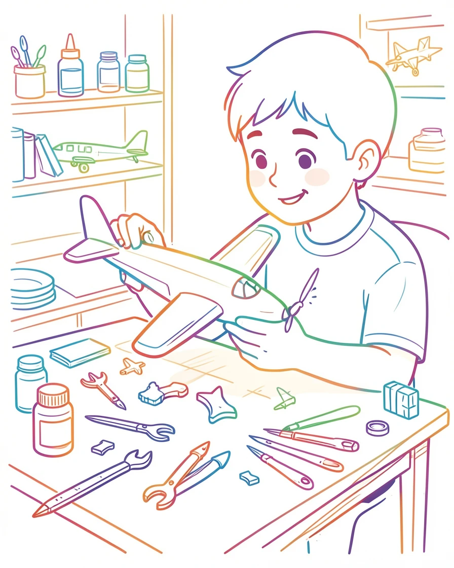 A person assembling a model airplane at a cluttered hobby desk.