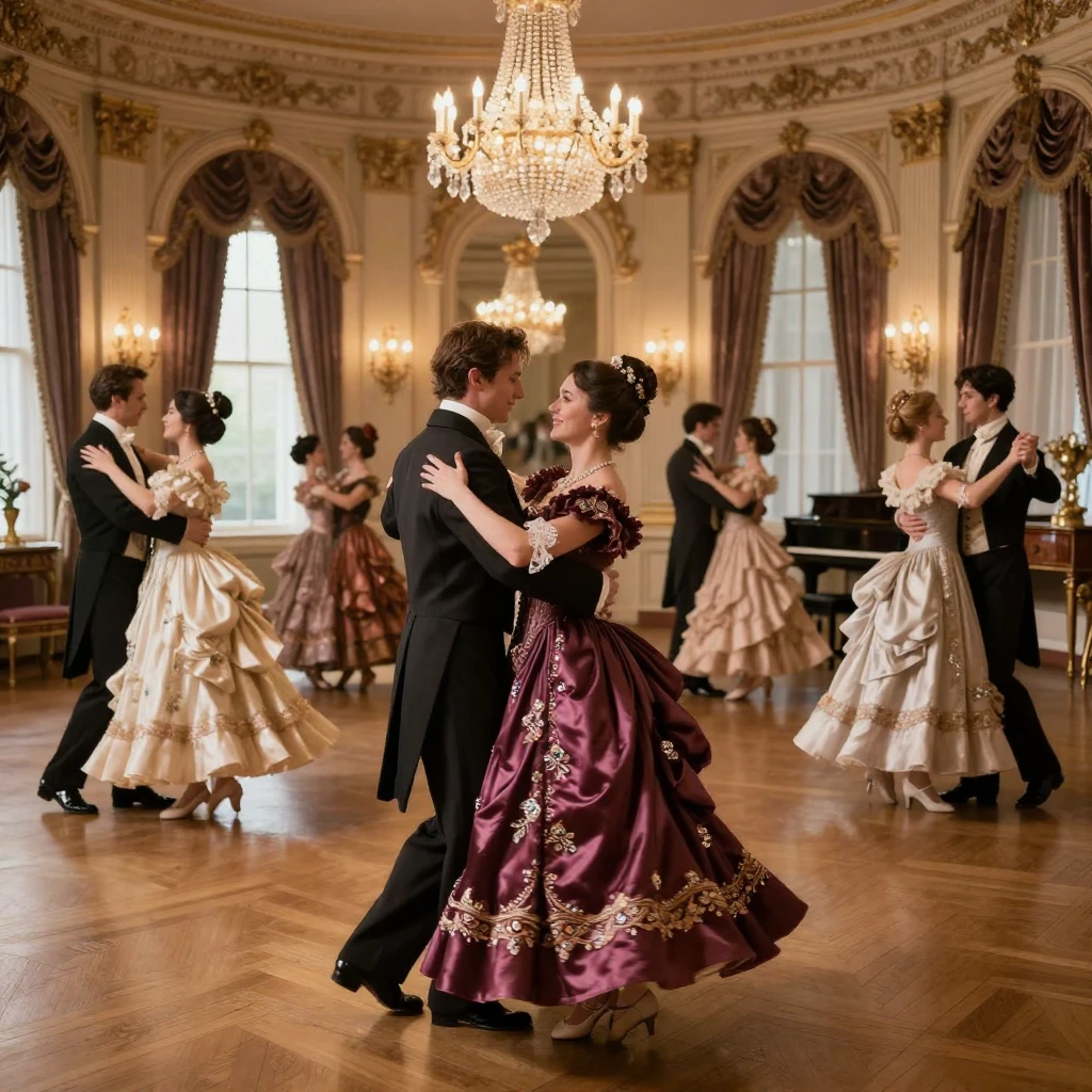 A Victorian-era ballroom filled with elegant dancers