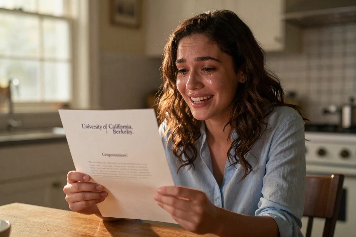 A woman crying tears of joy while opening an acceptance letter