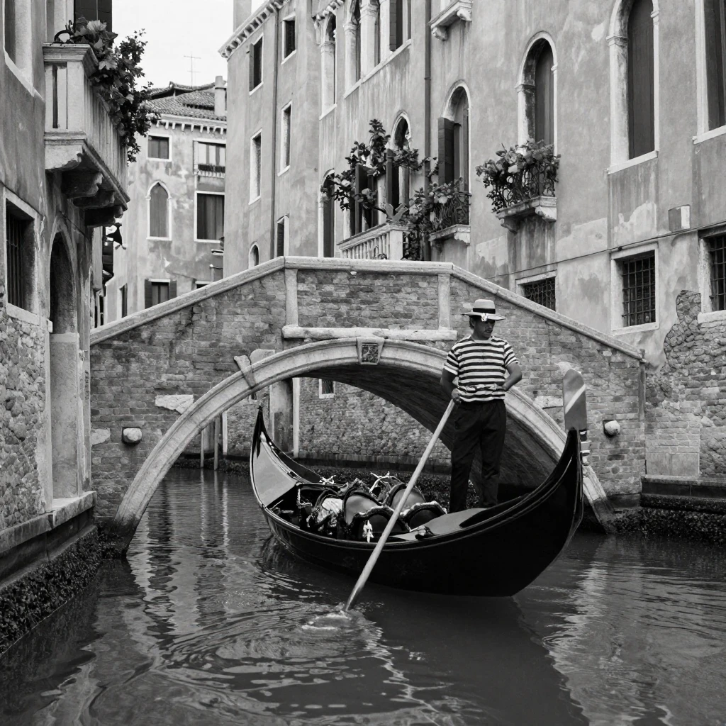 A Venetian gondolier poles a boat past historic facades beneath an old stone bridge.