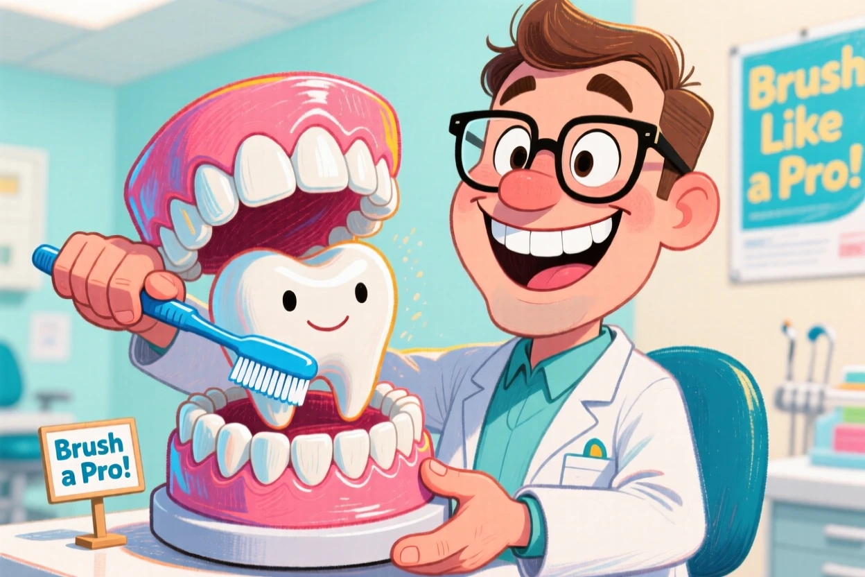 A dentist holding up a giant model of teeth, explaining brushing technique with a smile.