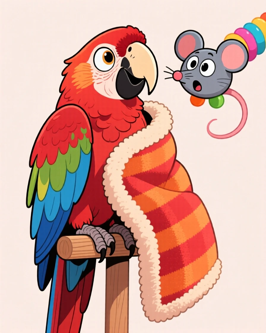 A playful pet moment featuring a majestic parrot tilting its head at a squeaky toy, wrapped in a cozy blanket.