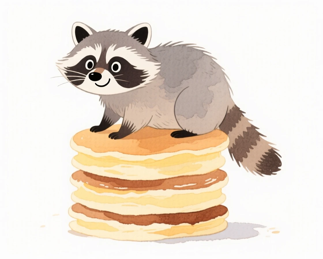 A raccoon perched on a stack of pancakes