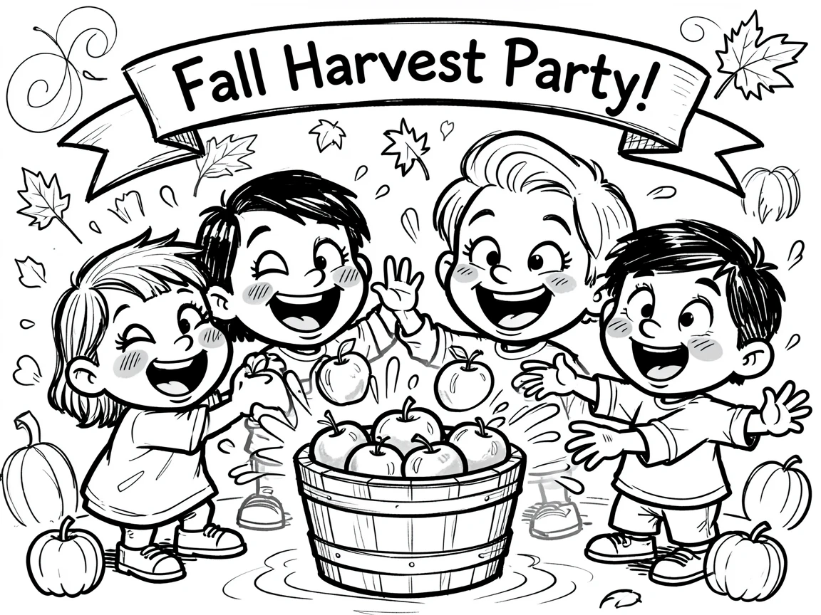 [Seasonal Holidays & Celebrations] Festive scene of children bobbing for apples at a festive fall harvest party, full of celebration and joy
