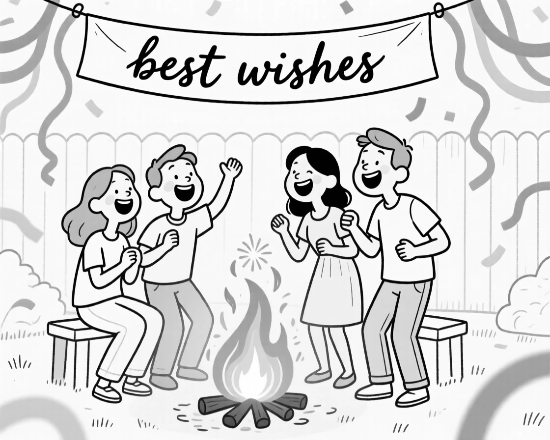 A group singing together around a bonfire, giggling as sparks fly in bright arcs, set in a backyard strung with bright party streamers. A hand-painted banner reads best wishes in flowing script. It radiates the timeless magic of coming together to celebrate.