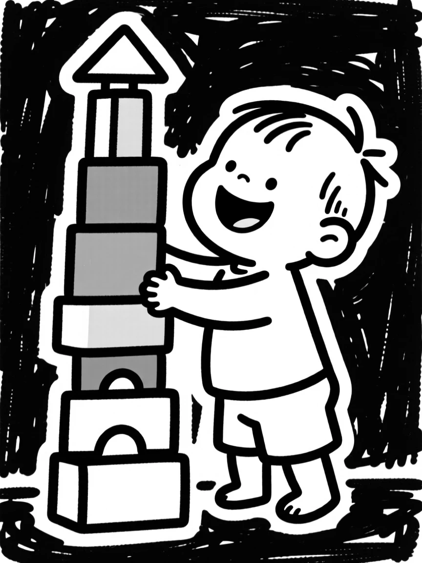 A toddler stacking colorful blocks into a tower nearly as tall as they are.