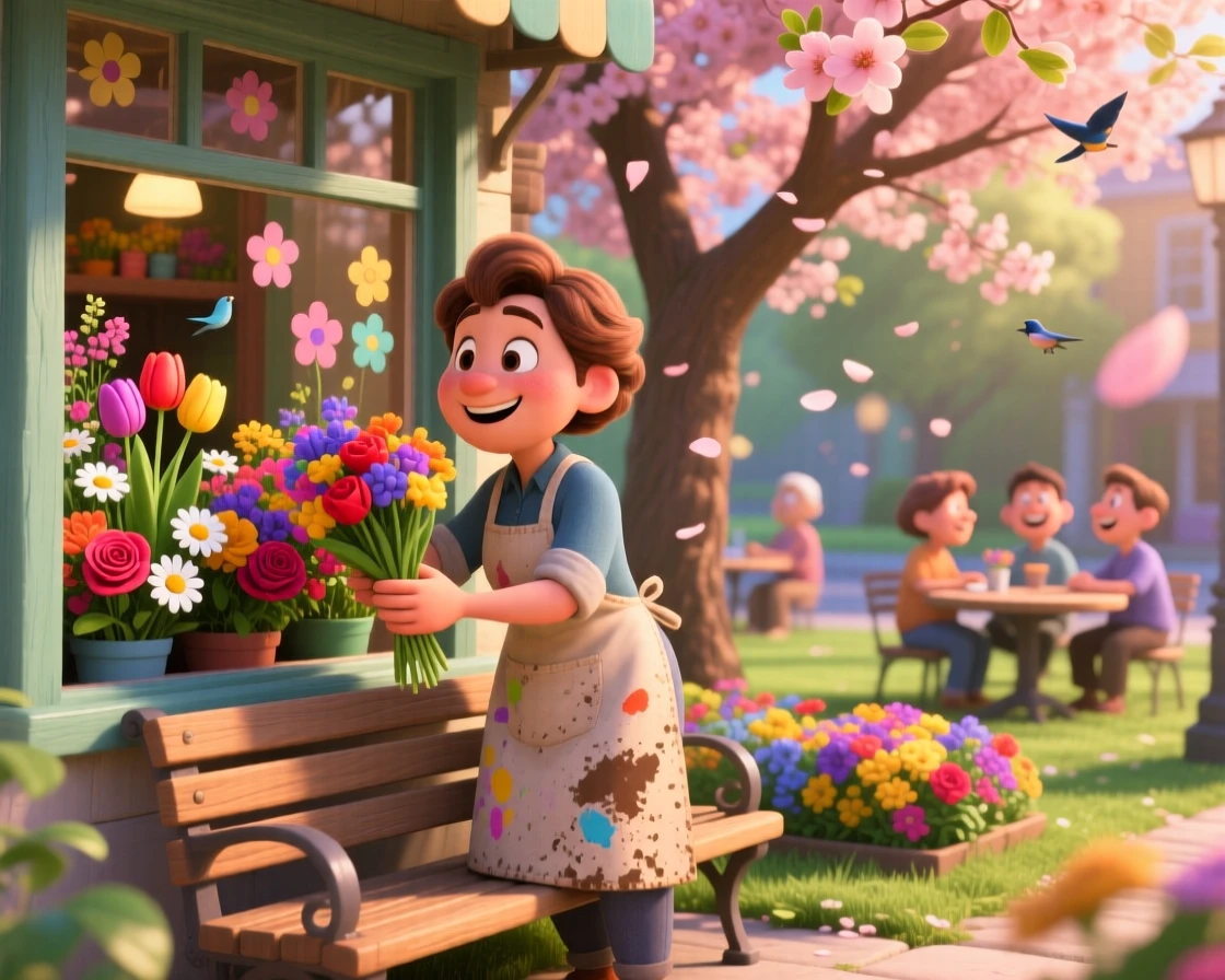 A shopkeeper arranging fresh flowers in a window display is captured on a park bench beneath a blossoming tree, with soft chatter drifting from nearby tables. A simple contentment radiates through the scene.